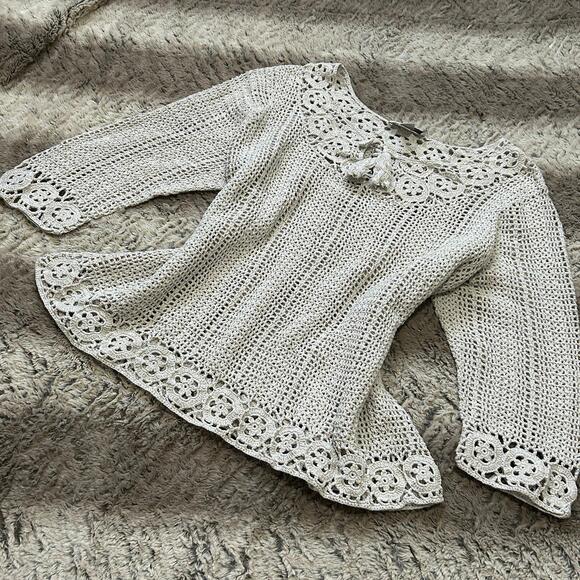 CJ Banks Lace Crochet Large Beachy Half Sleeve Tassel Detail Blouse Sz 1X - Picture 1 of 7